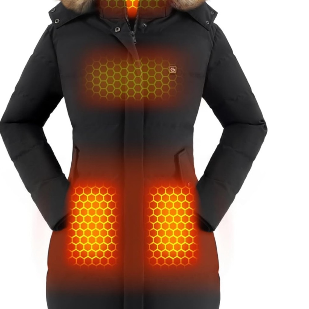 Genovega Women's Heated Hooded Long Jacket Sleeve Black Sz XL Black
